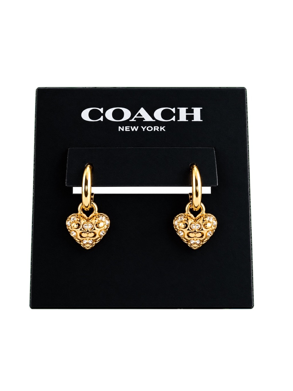 Coach Signature Pavé Quilted Heart Charm Huggie Hoop Earrings